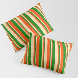 [ Thumbnail: Red, Tan, and Green Colored Striped Pattern Pillow Sham ]