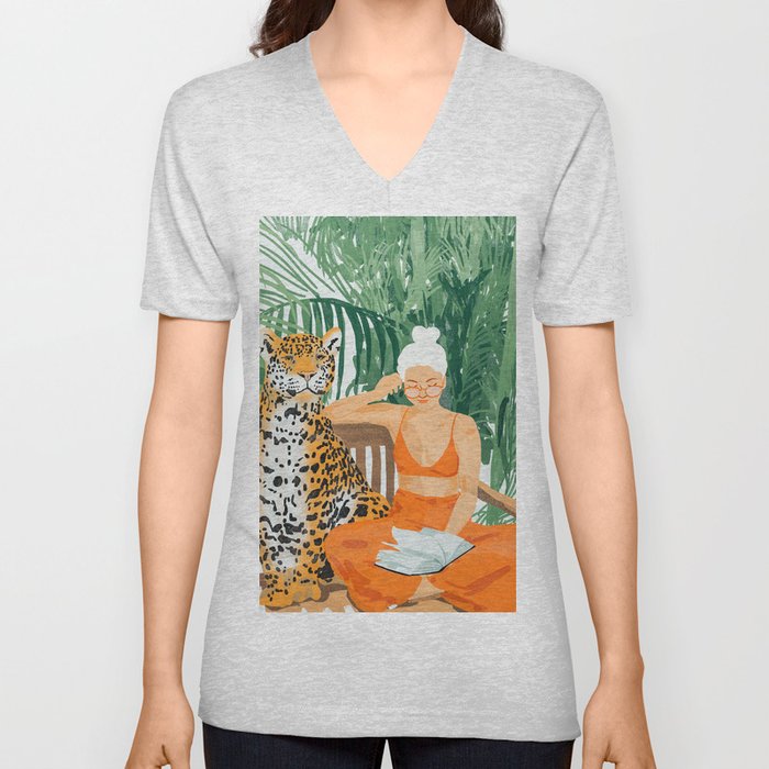 Jungle Vacay | Modern Bohemian Blonde Woman Tropical Travel | Leopard Wildlife Forest Reader V Neck T Shirt