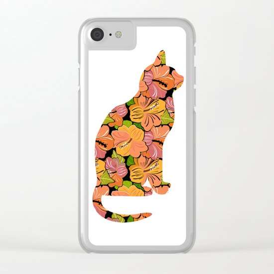 Cat Silhouette With Hibiscus Flowers Inlay Clear iPhone Case