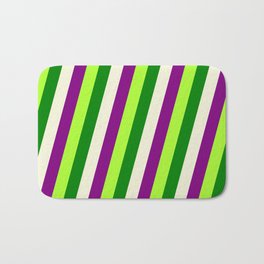 [ Thumbnail: Light Green, Green, Beige, and Purple Colored Striped/Lined Pattern Bath Mat ]