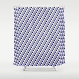 [ Thumbnail: Dark Gray, Blue, and Mint Cream Colored Striped Pattern Shower Curtain ]