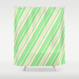 [ Thumbnail: Light Green & Beige Colored Stripes Pattern Shower Curtain ]