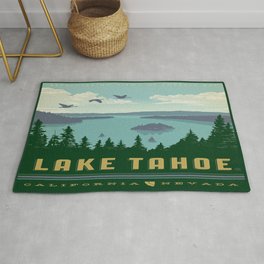 Vintage Lake Tahoe Travel Poster Rug | Southlake, Resort, Lake, Truckee, Alpine, Trees, Birds, Graphicdesign, Vacation, Kingsbeach 