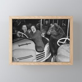 Bear with me; bear riding bumper cars scary women at carnival vintage black and white photograph - photography - photographs wall decor Framed Mini Art Print