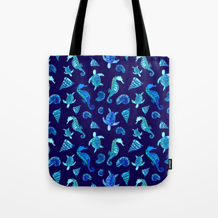 Sea Creatures | Cyan, Navy Blue Marine Animals Pattern Tote Bag
