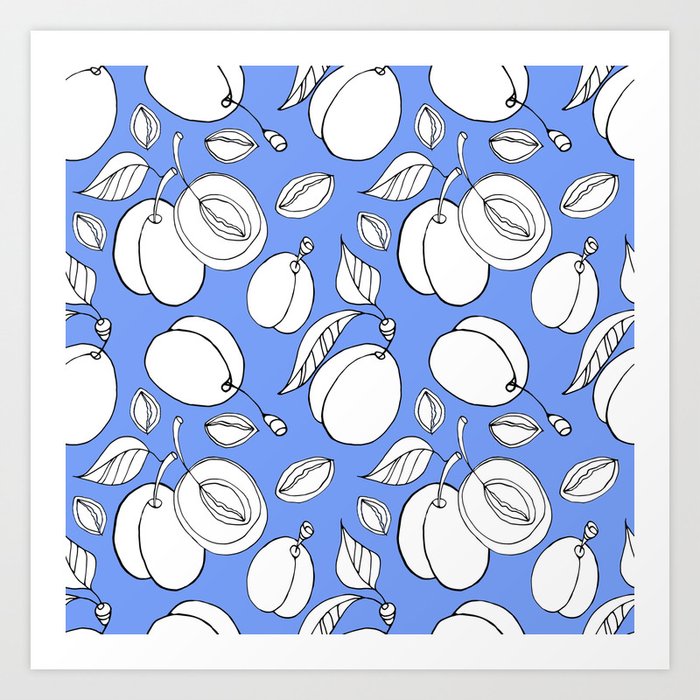 White plum pattern on a blue background. Linear drawing. Art Print