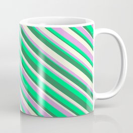 [ Thumbnail: Beige, Plum, Green, and Sea Green Colored Striped Pattern Coffee Mug ]