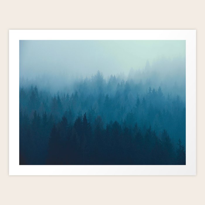 Misty Turquoise Blue Pine Forest Foggy Ombre Monochrome Trees Landscape Art Print By Enshape