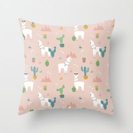 Summer Llamas on Pink Throw Pillow