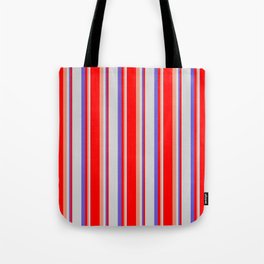 [ Thumbnail: Dark Salmon, Red, Slate Blue & Light Gray Colored Lines Pattern Tote Bag ]