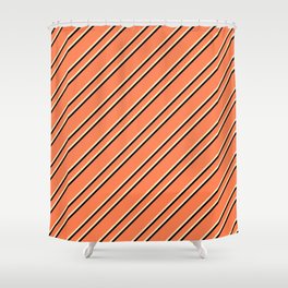[ Thumbnail: Coral, Beige & Black Colored Lines Pattern Shower Curtain ]