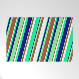 [ Thumbnail: Eye-catching Light Green, Sienna, Mint Cream, Green, and Blue Colored Stripes/Lines Pattern Welcome Mat ]