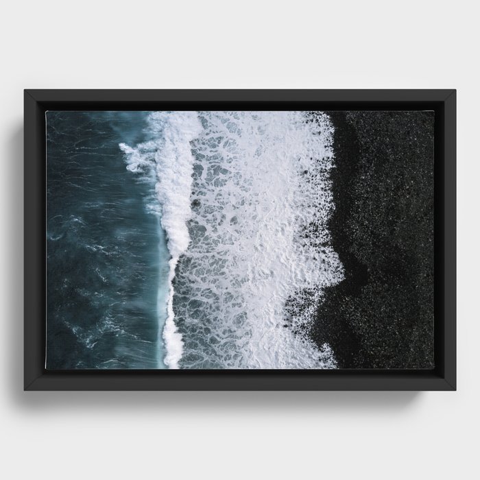 Waves from above on a Black Sand Beach Framed Canvas