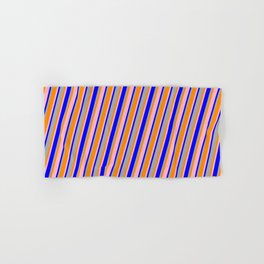 [ Thumbnail: Dark Orange, Light Pink, Blue & Dark Grey Colored Lines Pattern Hand & Bath Towel ]
