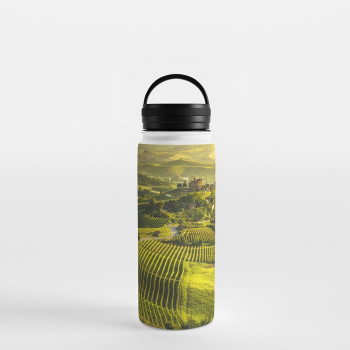 Panorama of Langhe vineyards and Grinzane Cavour. Italy Water Bottle