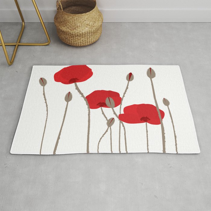 Hand drawn stylized poppies on white background Rug