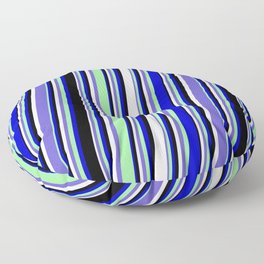 [ Thumbnail: Mint Cream, Slate Blue, Green, Blue, and Black Colored Pattern of Stripes Floor Pillow ]