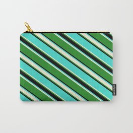 [ Thumbnail: Turquoise, Beige, Forest Green, and Black Colored Lined Pattern Carry-All Pouch ]