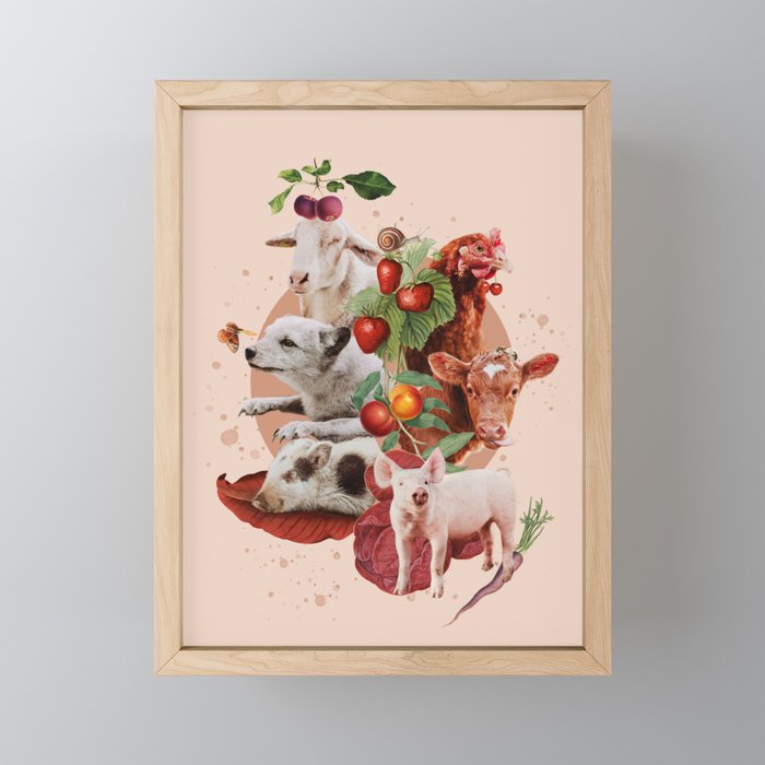 Be kind to every kind | Vegan | Animal | Farm Animals | Cow | Pig | Sheep | Hen | Collage Framed Mini Art Print