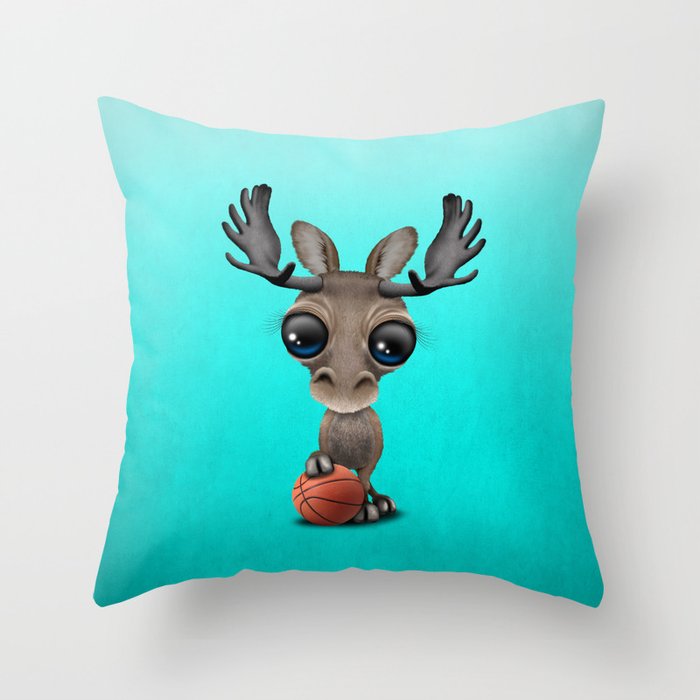 Cute Baby Moose Playing With Basketball Throw Pillow By Jeffbartels
