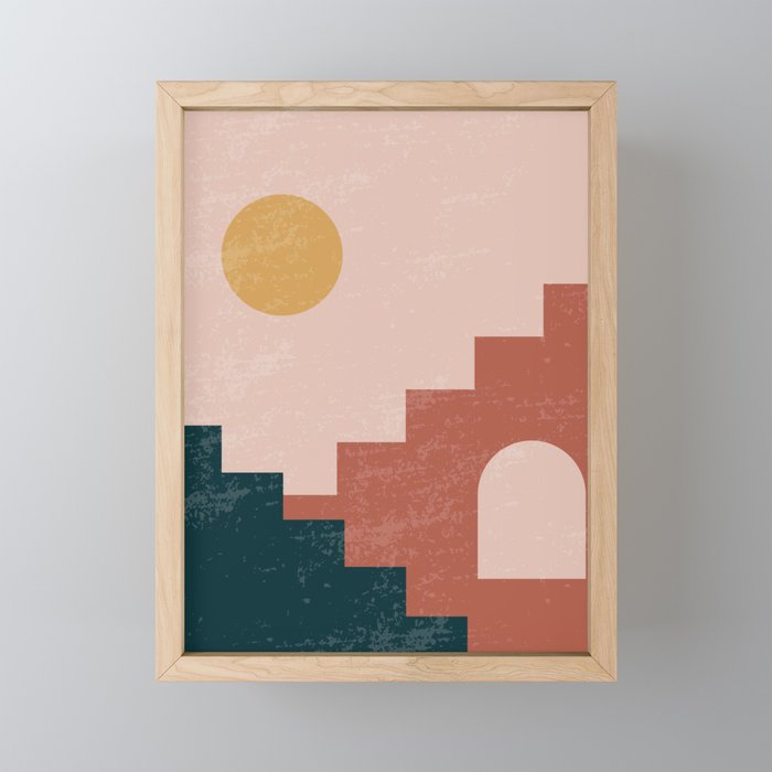 Southwestern Rustic Scene Illustration - Desert Sun Adobe Houses Framed Mini Art Print