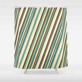 [ Thumbnail: Vibrant Aquamarine, Dim Grey, Pale Goldenrod, Mint Cream, and Brown Colored Lined Pattern Shower Curtain ]