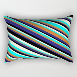[ Thumbnail: Eye-catching Beige, Aqua, Chocolate, Midnight Blue, and Black Colored Lined Pattern Rectangular Pillow ]
