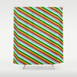 [ Thumbnail: Eyecatching Dark Grey, Turquoise, Green, Goldenrod & Brown Colored Stripes/Lines Pattern Shower Curtain ]