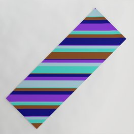 [ Thumbnail: Eyecatching Purple, Light Blue, Turquoise, Brown & Blue Colored Striped Pattern Yoga Mat ]