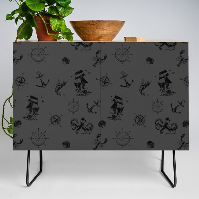 Dark Grey And Black Silhouettes Of Vintage Nautical Pattern Credenza