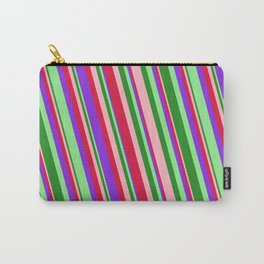 [ Thumbnail: Eye-catching Light Pink, Crimson, Purple, Light Green, and Forest Green Colored Stripes Pattern Carry-All Pouch ]