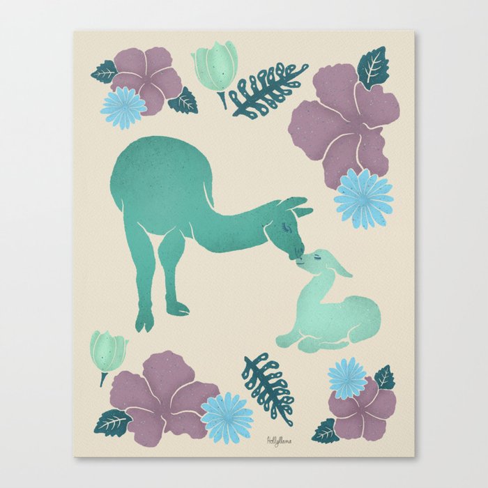 Purple & Green Floral & Llama Canvas Print