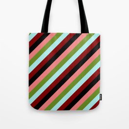 [ Thumbnail: Eyecatching Light Coral, Green, Turquoise, Maroon & Black Colored Striped/Lined Pattern Tote Bag ]