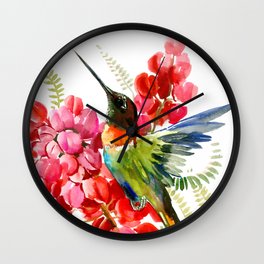 Collared Inca Hummingbird and Coral Pink Flowers Wall Clock