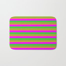 [ Thumbnail: Lime Green, Orange, and Fuchsia Colored Lined Pattern Bath Mat ]