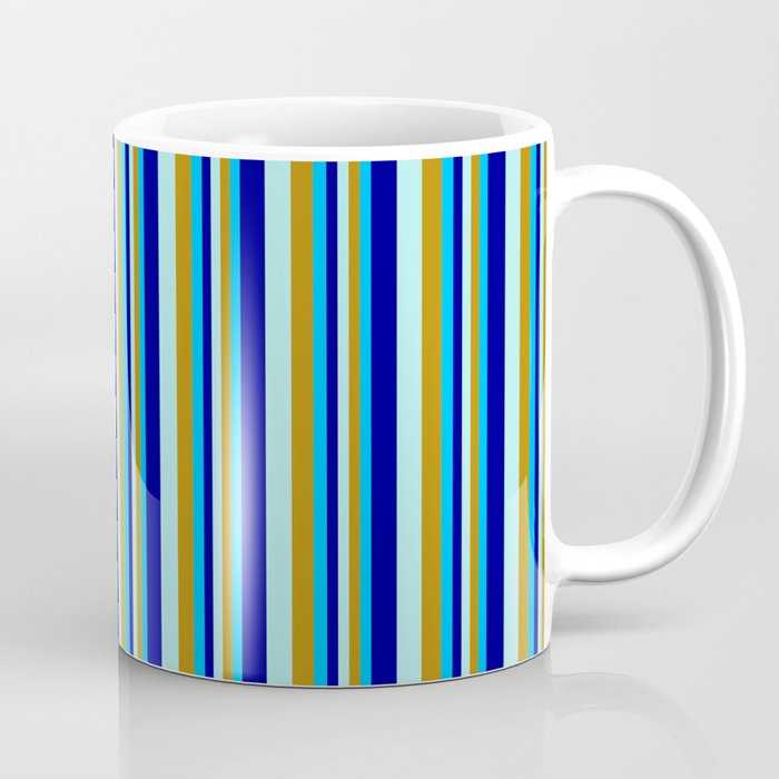 Deep Sky Blue, Dark Goldenrod, Turquoise & Dark Blue Colored Striped/Lined Pattern Coffee Mug