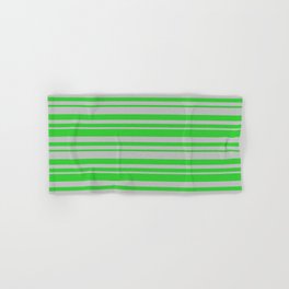[ Thumbnail: Lime Green & Grey Colored Lined/Striped Pattern Hand & Bath Towel ]