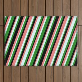 [ Thumbnail: Forest Green, Black, Light Coral & Light Cyan Colored Stripes/Lines Pattern Outdoor Rug ]