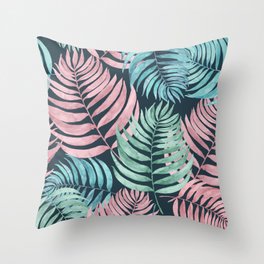 Watercolor modern palm leaves multicolor on dark background Throw Pillow