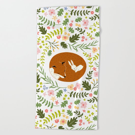 Friendship in Wildlife_Fox and Bunny_Bg White Beach Towel