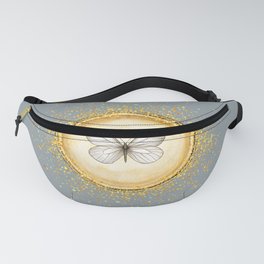 Hand-Drawn Butterfly Gold Circle Pendant on Greenish Gray Fanny Pack