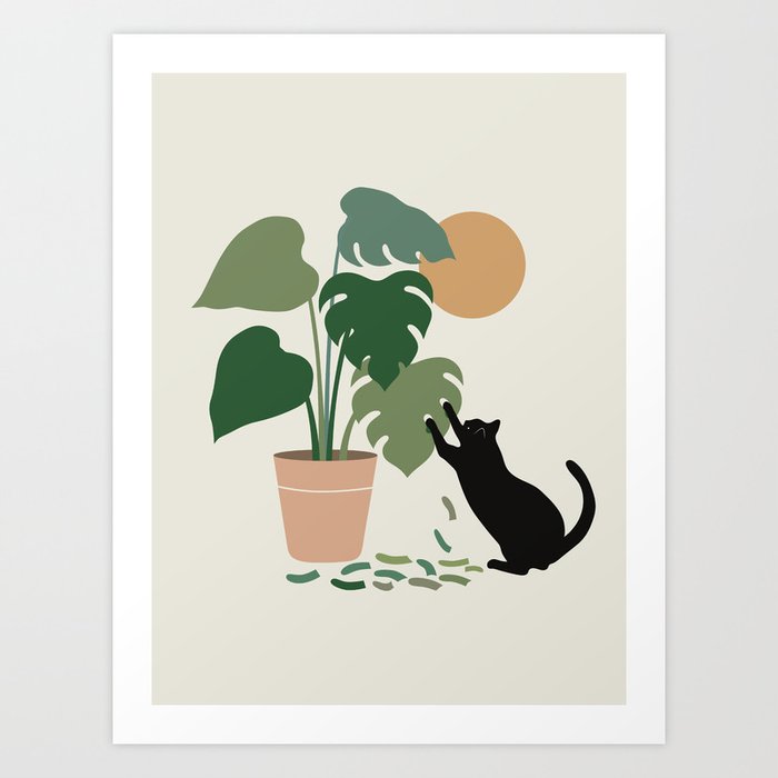 Cat and Plant 13: The Making of Monstera Art Print