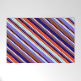 [ Thumbnail: Red, Turquoise, Medium Slate Blue, Brown & Dark Blue Colored Striped/Lined Pattern Welcome Mat ]
