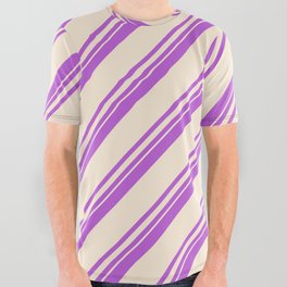 [ Thumbnail: Orchid and Beige Colored Lined Pattern All Over Graphic Tee ]