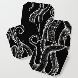 Funky White Tentacles Octopus Ink on Black Coaster