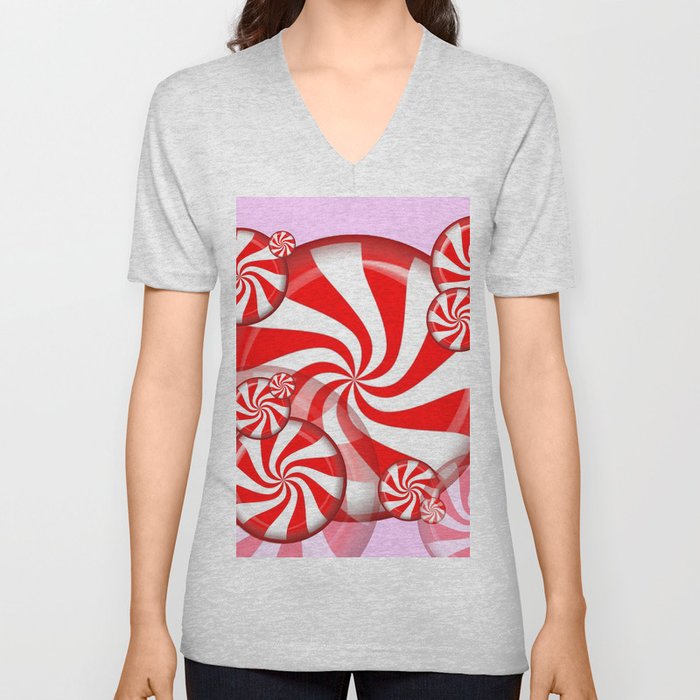 RED PEPPERMINT CHRISTMAS HOLIDAY CANDY V Neck T Shirt