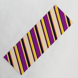 [ Thumbnail: Purple, Yellow, Bisque, and Black Colored Pattern of Stripes Yoga Mat ]