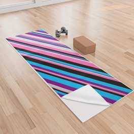 [ Thumbnail: Eyecatching Deep Sky Blue, Purple, Light Grey, Hot Pink, and Black Colored Lined Pattern Yoga Towel ]