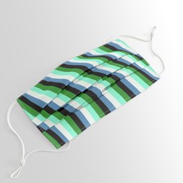 [ Thumbnail: Colorful Forest Green, Aquamarine, Mint Cream, Blue & Black Colored Stripes Pattern Face Mask ]