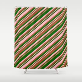 [ Thumbnail: Light Pink, Sienna, and Dark Green Colored Stripes Pattern Shower Curtain ]